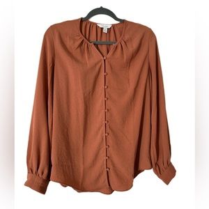 🌸 Nine West round button up blouse pleated collar winter rust orange brown work